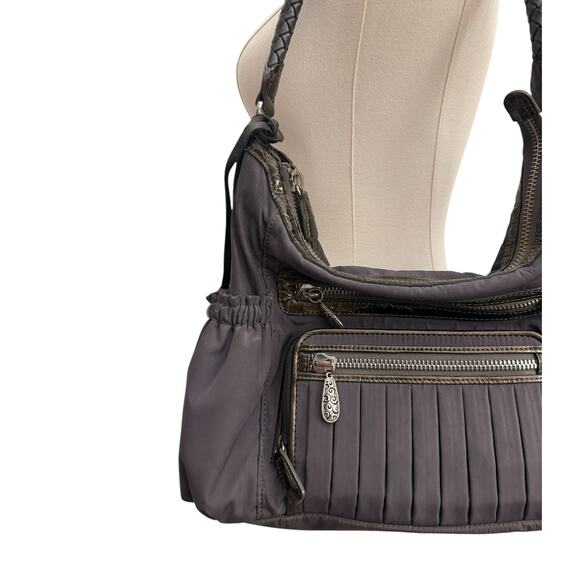 Vintage 00s Brighton Dark Gray Nylon & Crocodile Leather Trimmed Shoulder Bag - Picture 1 of 13